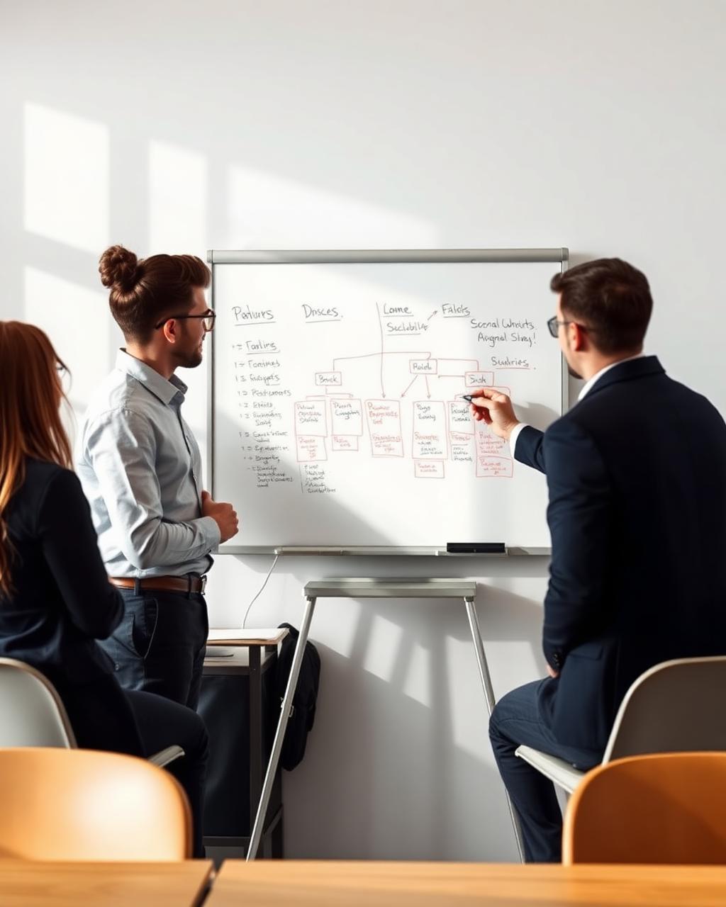 Members mapping a decision tree on a whiteboard during a framing workshop
