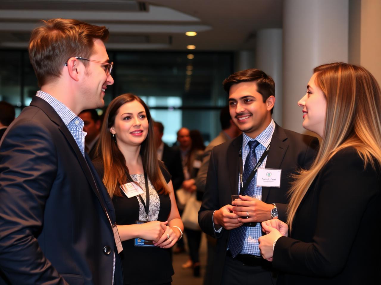 Students and industry professionals talking at a networking reception